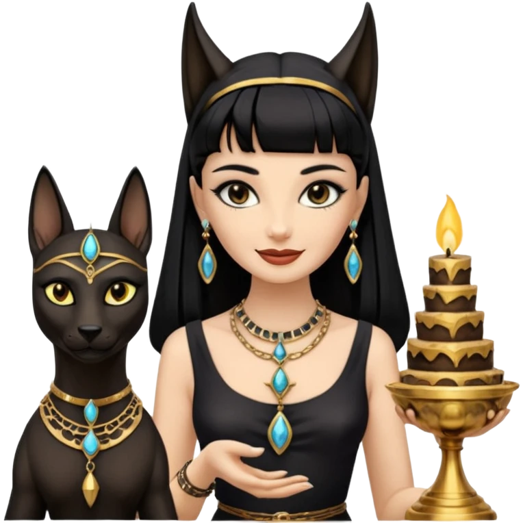 Smiling Witchy-mannered smoky-evil-eyed real Audrey Hepburn cleopatra Anubis conjuring Protecting silky black-haired tiny chained-adorned statuette-scale dessert scenery stone-age cracked ancient antique  emoji