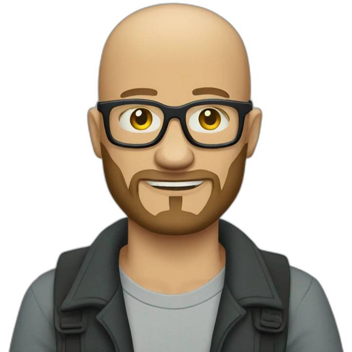 Tattooed bald man with beard and glasses, style Futurama emoji