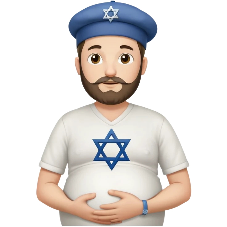 Pregnant Jewish man facing left with hands on belly, wearing a kippah and Star of David necklace, with facial hair emoji