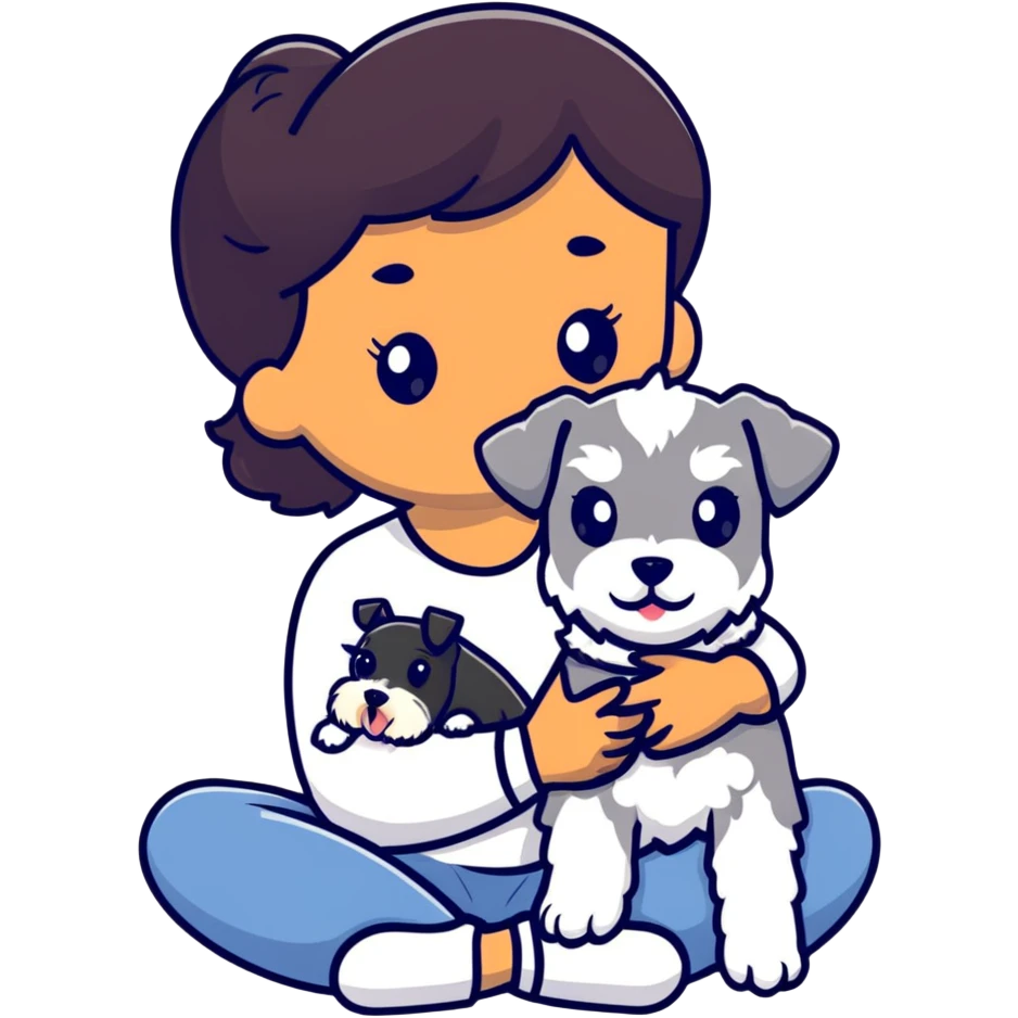 Black girl with short bangs holding a white schnauzer puppy emoji