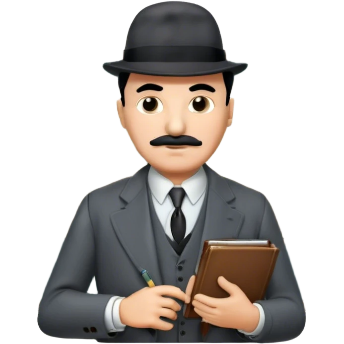 A cinematic-style frame showing Hercule Poirot in his iconic suit with a notebook in a dramatic detective pose. Background should be mysterious city, map, a board with photos of suspects, clues like fingerprints. Transparent background. emoji