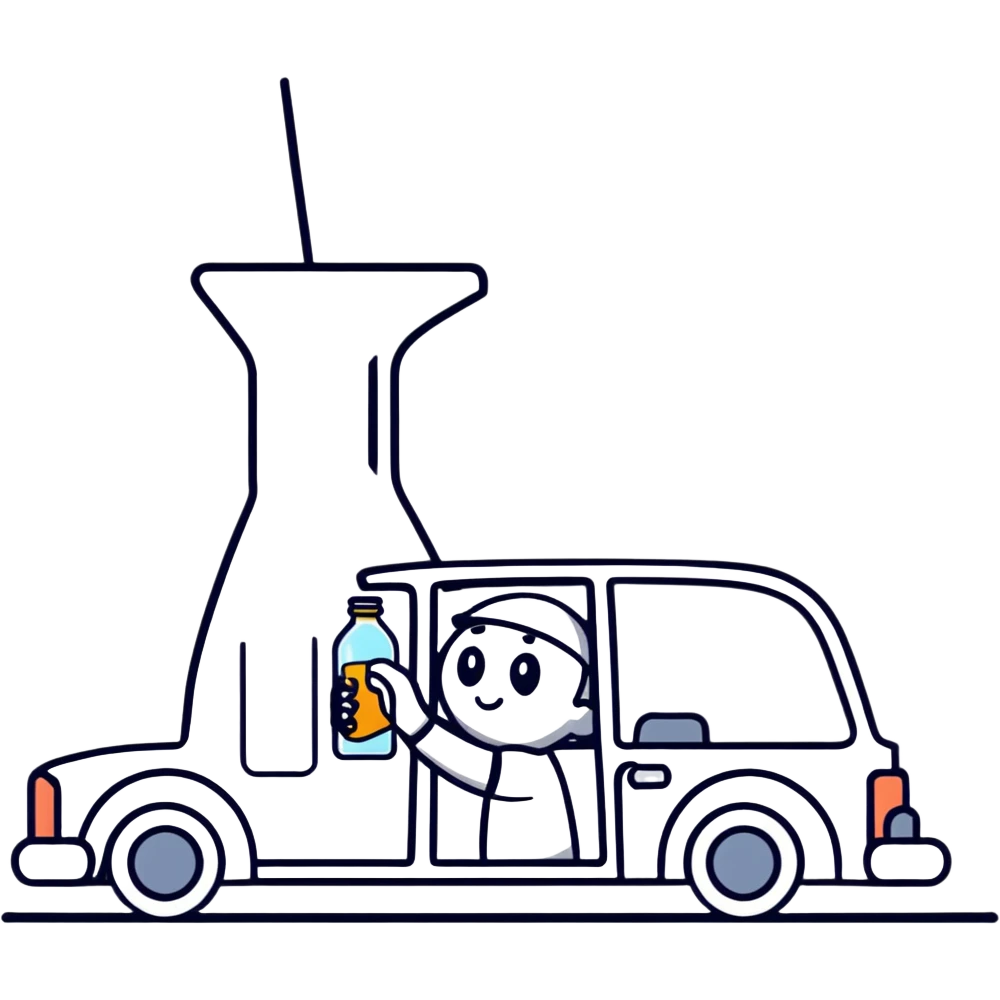 car with a driver sipping from a bottle, wobbly motion lines emoji