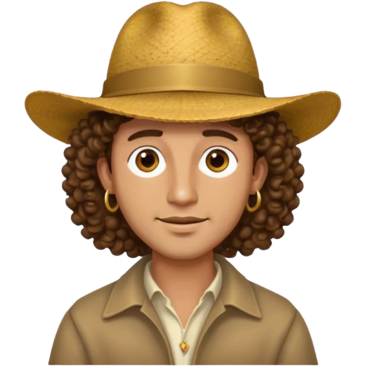 man curly hair and big earrings and and hat wearing emoji