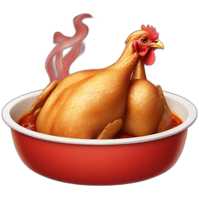 a perfectly cooked chicken in a red dish, smoking because it's hot. emoji