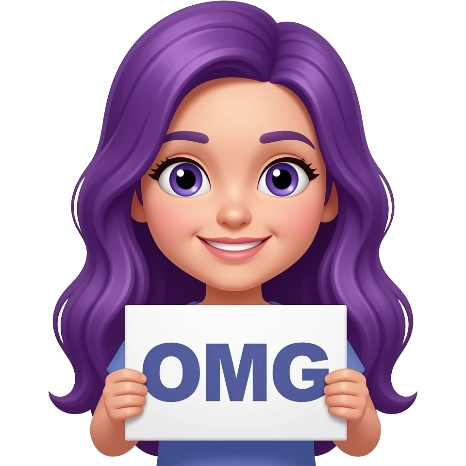 girl with long purple hair with a OMG sign emoji