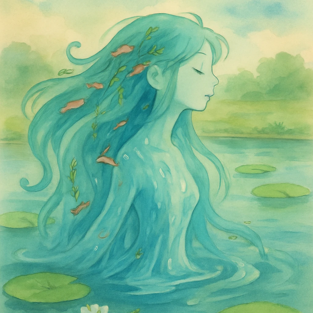 A fluid, translucent river spirit with flowing blue-green hair like water, decorated with small fish and water plants, emerging from a serene pond with lily pads, painted in a soft dreamy style emoji