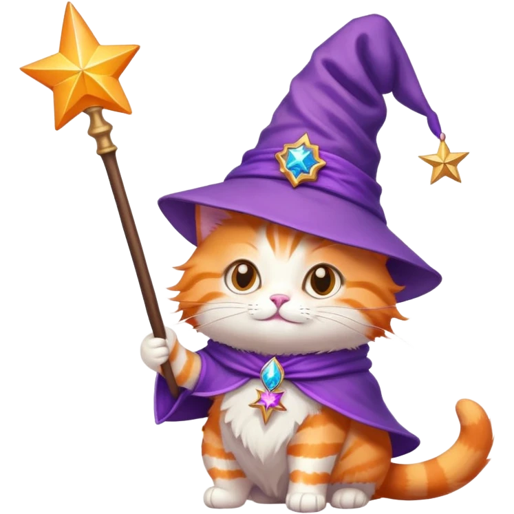 Orange cat wearing a purple wizard hat and holding a magic wand with a star at the tip emoji