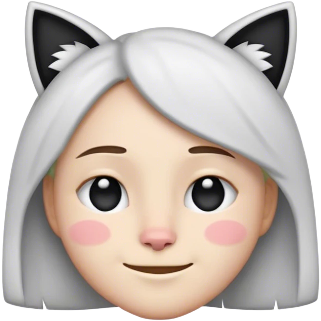 modest smile emoji with cat ears, black and write face, with right eye closed, left eye half closed emoji