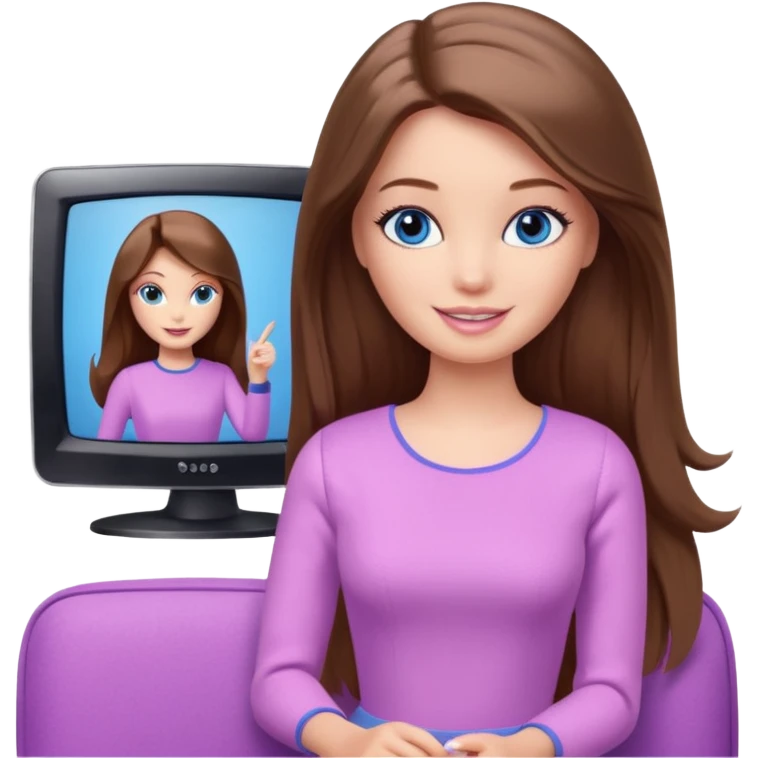 beautiful barbie girl with long brown hair, blue eyes and wearing light purple clothes watching tv emoji
