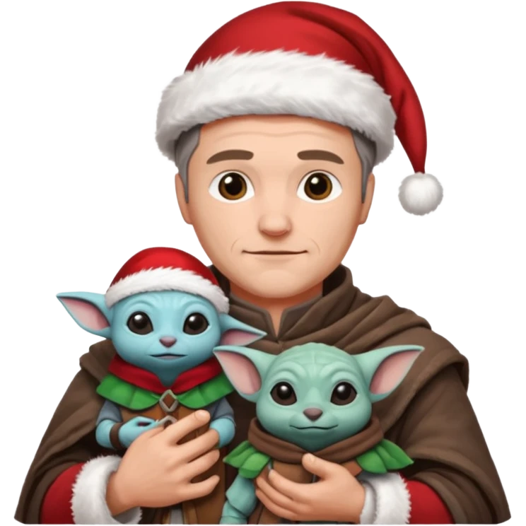mandalorian holding grogu wearing santa hat emoji