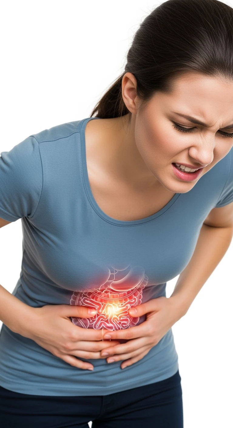 donna piegata in avanti frontalmente con mal di pancia, espressione di dolore in volto in primo piano e intestino anatomico in evidenza, iperrealistico 4k, sfondo bianco emoji