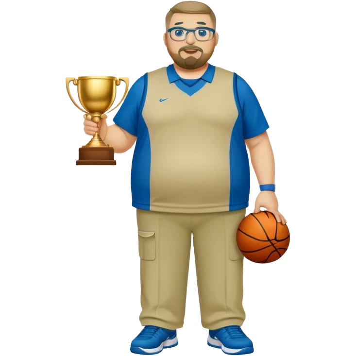full body white obese male basketball coach with trophy. Goatee , Wearing glasses and blue and green polio and khaki pants emoji