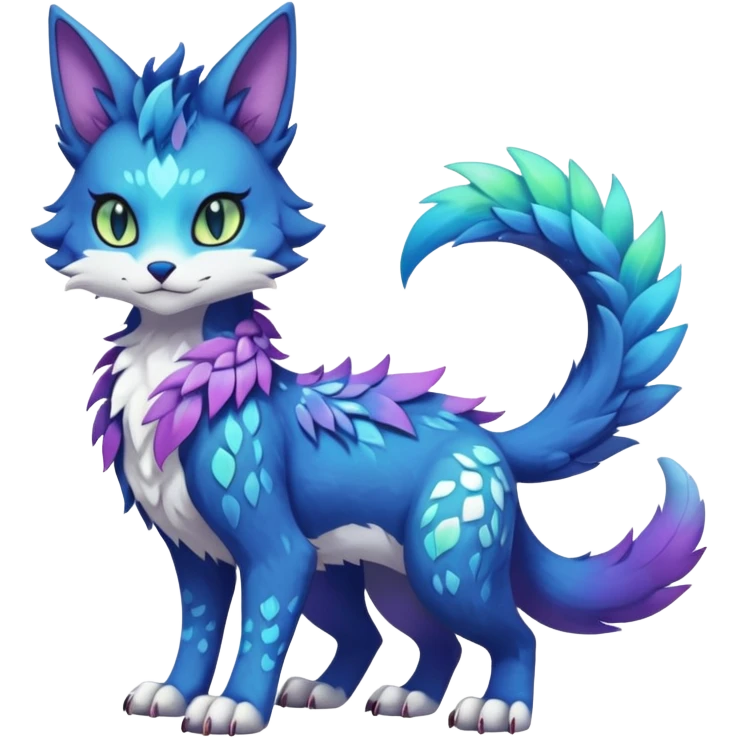 Kawaii iridescent beautiful pretty elegant divine edgy fantasy feline-vernid-sergal-Fakémon-Pokémon-fursona-animal-creature with accessories, full body, with intricate detailed markings emoji