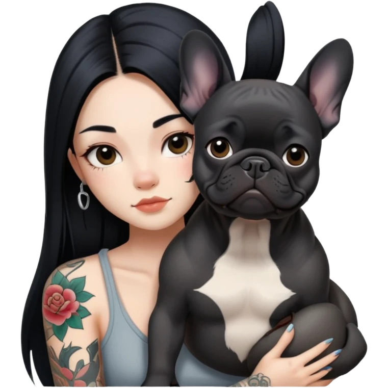 a Chinese girl with long black  straight hair and tattoos and Black french bulldog emoji
