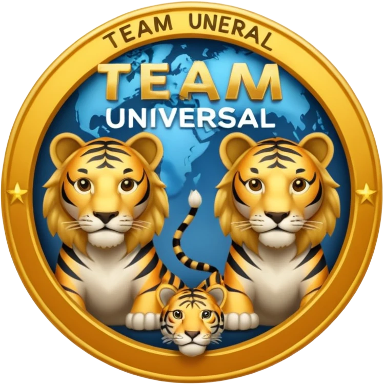 Un mundo al centro con un león a su lado izquierdo y un tigre al lado derecho y en el medio escrito "TEAM UNIVERSAL" emoji