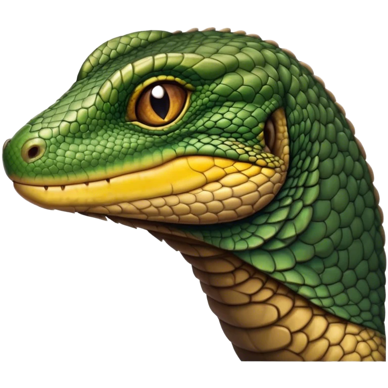 Cinematic Realistic Noble Monitor Lizard Portrait Emoji, Poised and imposing, with a robust, muscular build and a rugged, intricately scaled hide in natural olive and dark brown tones, a sharply defined head with intense, observant eyes, rendered with lifelike detail and authentic texture, high shine, intelligent and formidable, styled with an air of desert authority, focused and attentive, soft glowing outline, capturing the essence of a watchful and confident monitor lizard that appears ready to stride out of the screen with effortless power! emoji