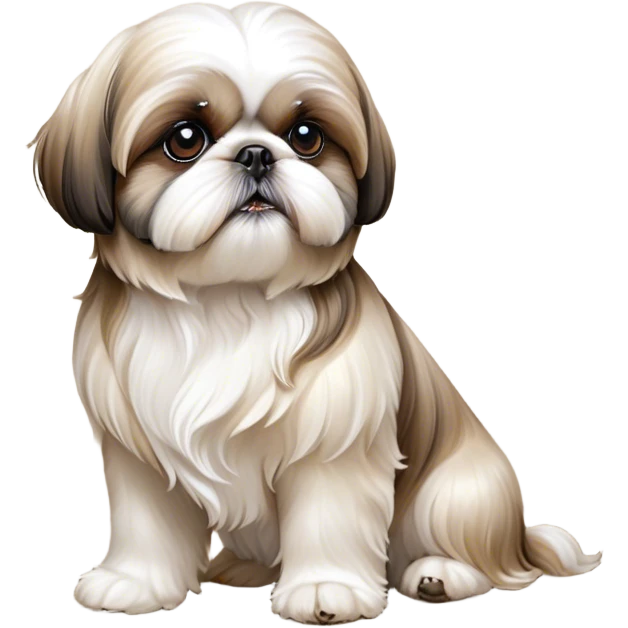 Cinematic Noble Shih Tzu Portrait Emoji, Poised and elegant, with a luxurious, flowing fur in refined muted tones, delicate features and wise, gentle eyes, simplified yet meticulously detailed, glowing with a soft, regal radiance, high shine, exuding quiet dignity and timeless charm, soft glowing outline, capturing the essence of a noble Shih Tzu that epitomizes refined poise! emoji