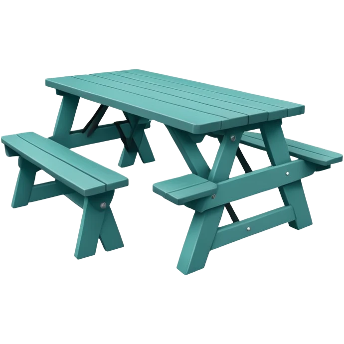 picnic table with attached benches, muted teal, straight vertical legs, small wheels, flat wood-style silhouette, minimal shading, clean geometry emoji