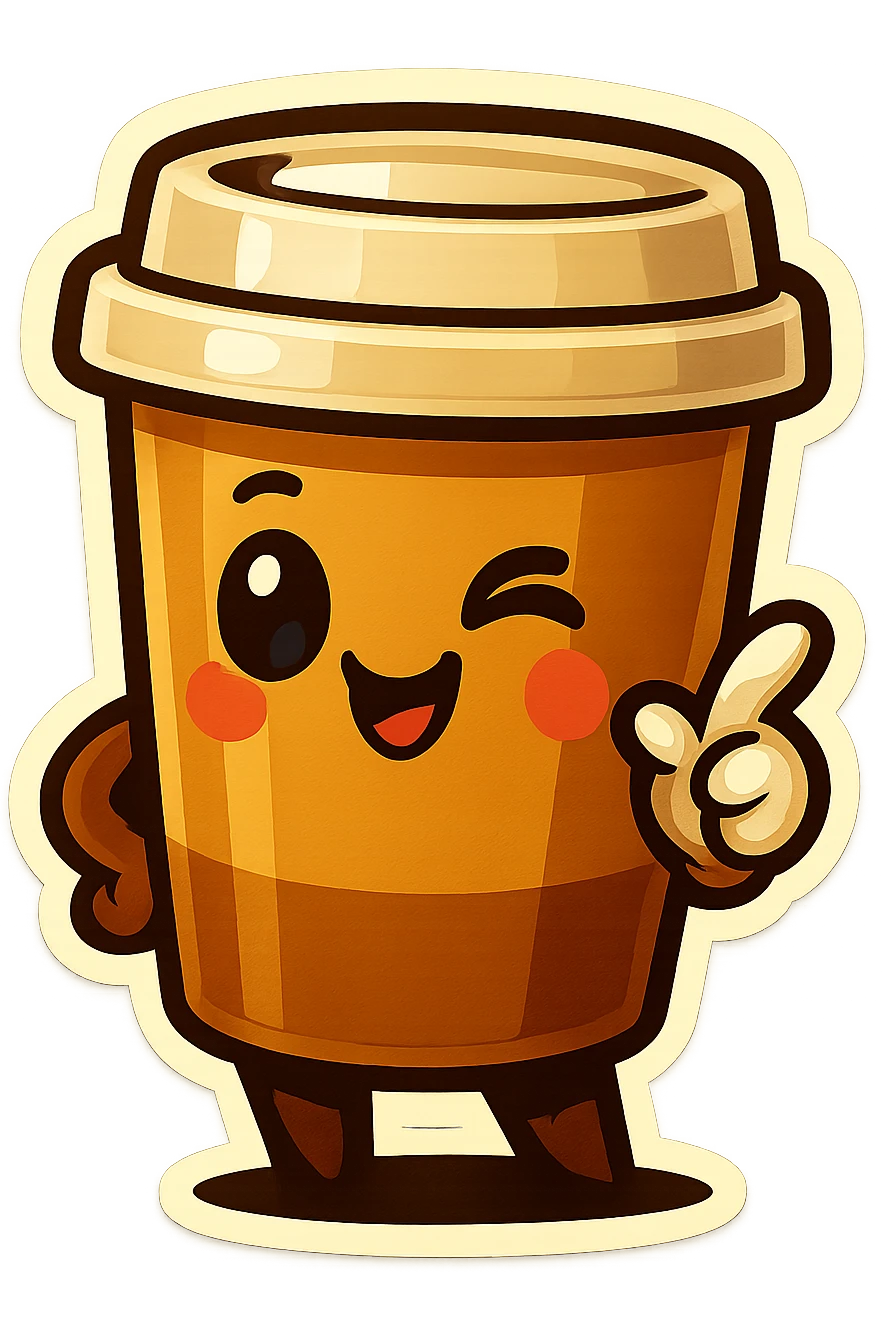 Tall coffee cup, flirty wink, pointing at viewer emoji