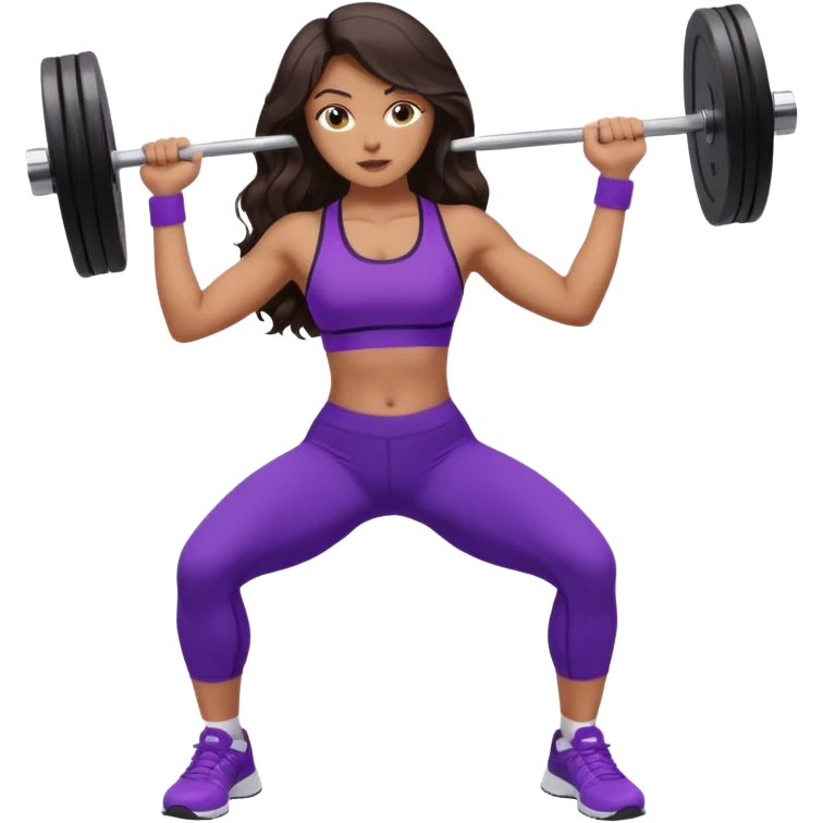 mujer de tez trigueña, con cabello castaño oscuro ondulado no muy marcado, hasta las nalgas super largo estilizado, con ropa deportiva morada/lila, tenis blancos deportivos y levantando una pesa emoji