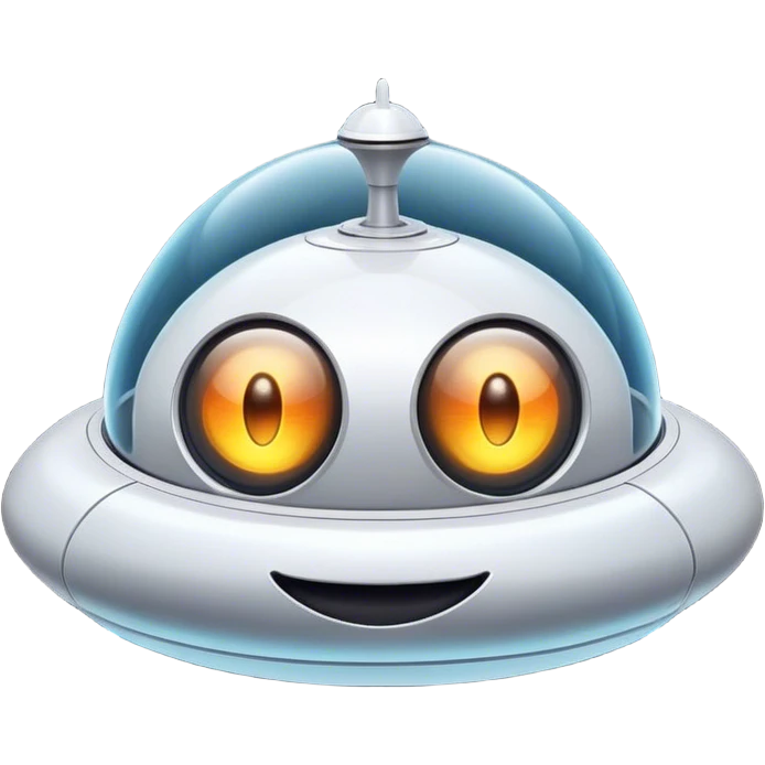 Design a simple, friendly spaceship with a smooth, rounded shape. Add a clear 'face' on the front using glowing lights for eyes and a curved line for a smile, giving it personality. Use a plain background to keep the focus on the ship emoji
