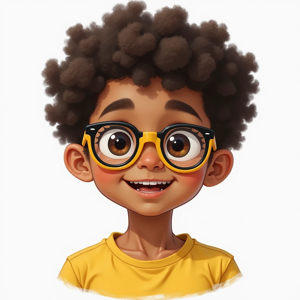 11 year old mixed-race boy, yellow and black glasses, curly hair, realistic illustration style, neutral background emoji