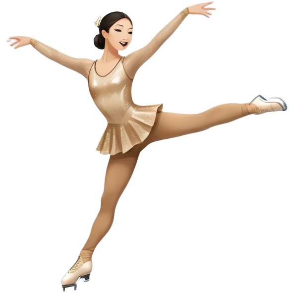 An icon showing a figure skater performing an elegant routine on an ice rink. The skater, inspired by Michelle Kwan, is mid-spin with a graceful pose. The background features bright arena lights, a cheering audience, and a sparkling ice surface. Transparent background. emoji