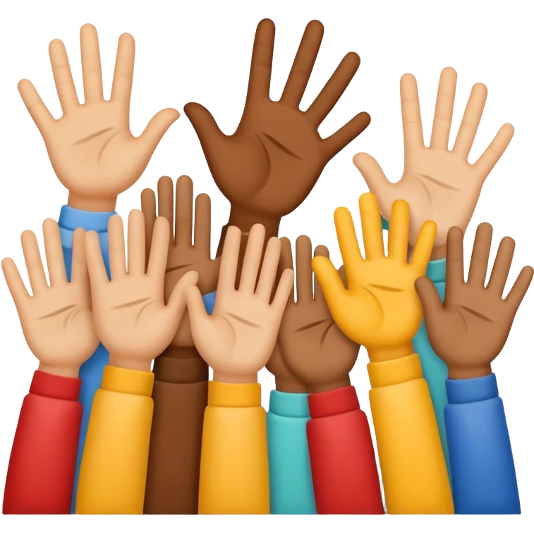 Emoji-style icon showing several diverse hands high-five together, symbolizing unity and team spirit. Flat minimal Apple-style emoji, bright colors, white background, soft shadows. emoji