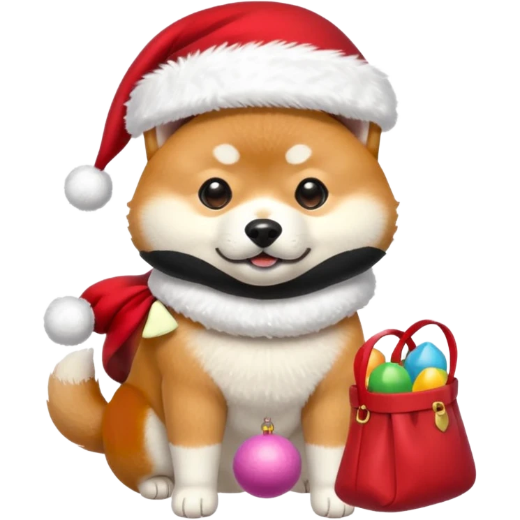 shiba inu wearing santa hat holding a bag of toys snowing emoji
