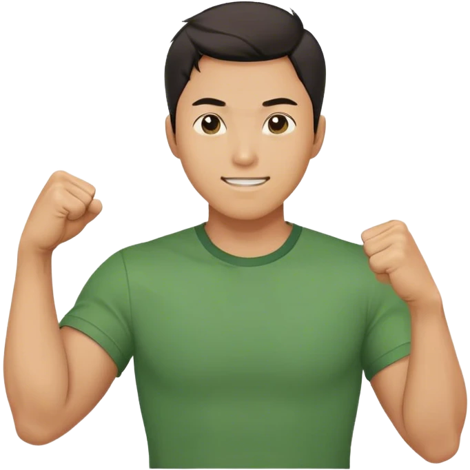 A determined Korean man in a green shirt, clenching his right fist with a confident & smile expression. Emoji-style digital illustration emoji