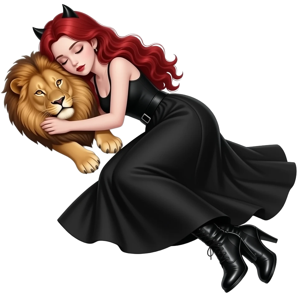 Vampiro adolescente femmina con pelle bianca e capelli rosso ondulati lunghi che indossa una gonna lunga nera e un top-canottiera nera e degli stivali lunghi neri con tacco e che sta dormendo con un leone emoji