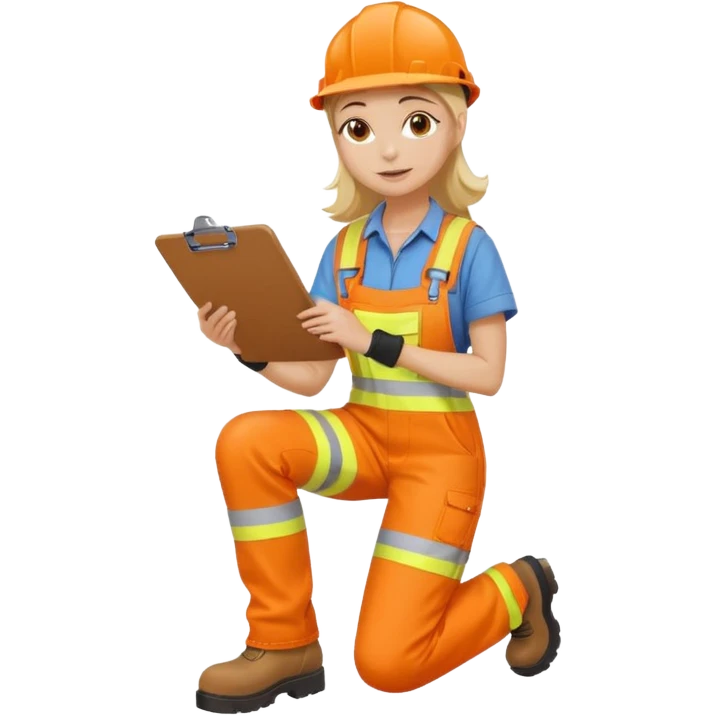 woman in orange hi vis overalls and boots holding a clipboard, kneeling emoji