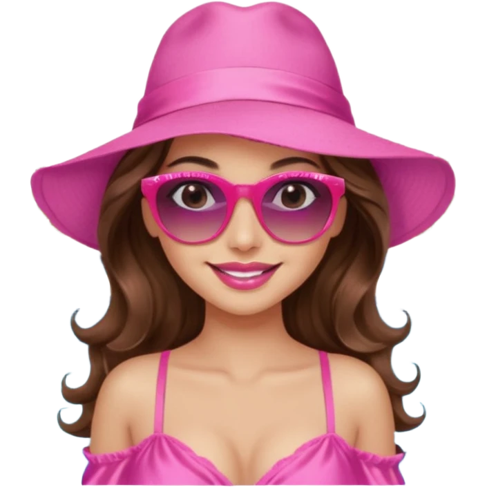 girl with long wavy brown hair, brown eyes, long lashes makeup, sexy pink lips, smiling, light to medium complexion, wearing a pink sexy silk top, relaxing by the pool emoji