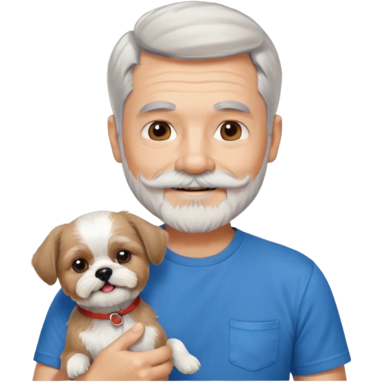 handsome gentleman, 60 years old, short silver hair, beard/moustache, wearing a blue t-shirt, smiling and holding a shih tzu emoji