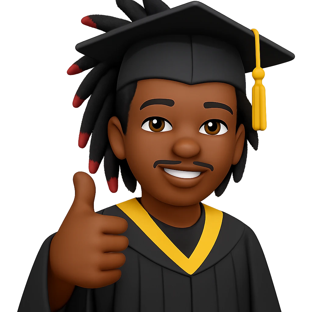 Create a male African American graduate emoji with the hairstyle and features from the reference photo, wearing a graduation cap and gown, giving a thumbs up. No background. emoji
