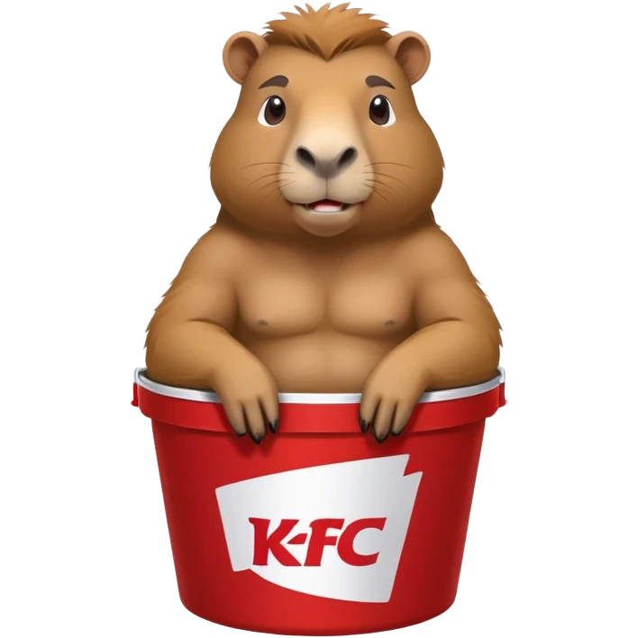 Muscular capybara with big muscles sitting in a KFC bucket emoji