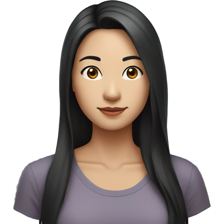 A head and shoulders shot of a 33 year old Asian woman, with long black hair,   with brown eyes wearing a t-shirt. emoji