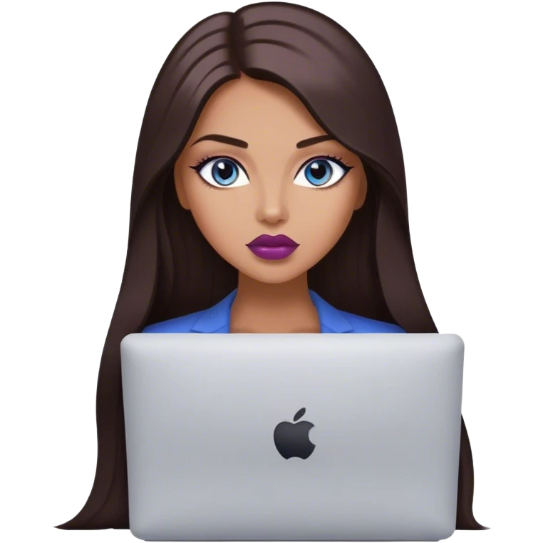 Glamours tanned very beautiful girl with pump mauve lips and dark chocolate straight smooth long hair, blue-grey eyes with MacBook emoji