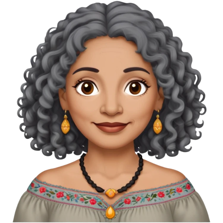 Latina woman, about 55 years old, dark warm brown skin, round soft face, long curly black and gray hair, no headband, medium eyes, thin eyebrows, gentle smile, gray peasant blouse with embroidery, bare shoulders, large dark necklace emoji