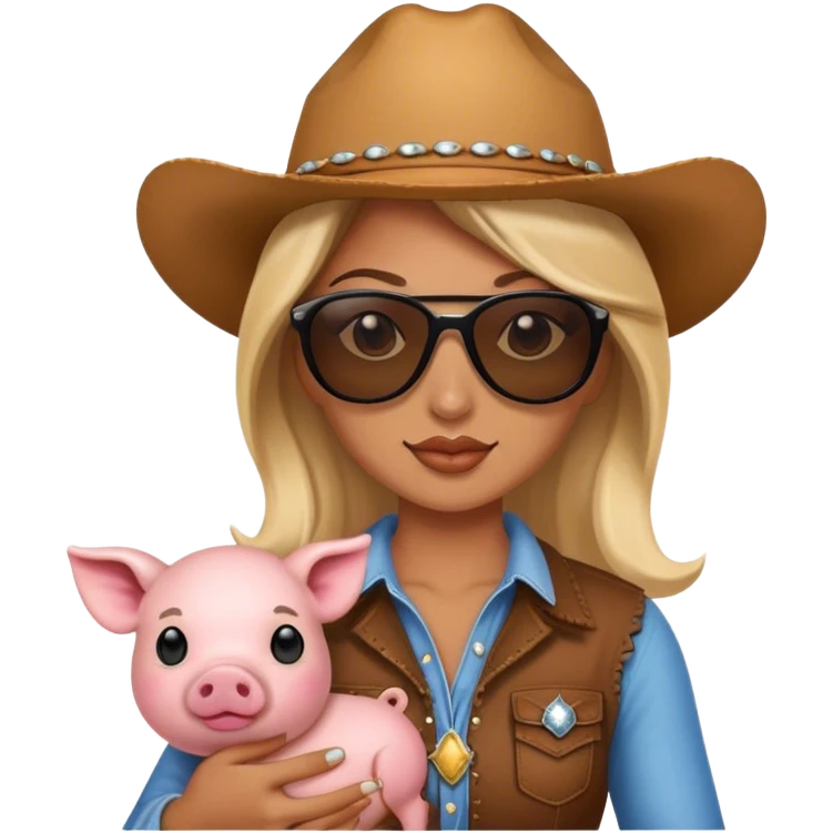 Cowgirl wearing sunglasses and holding a small pig emoji