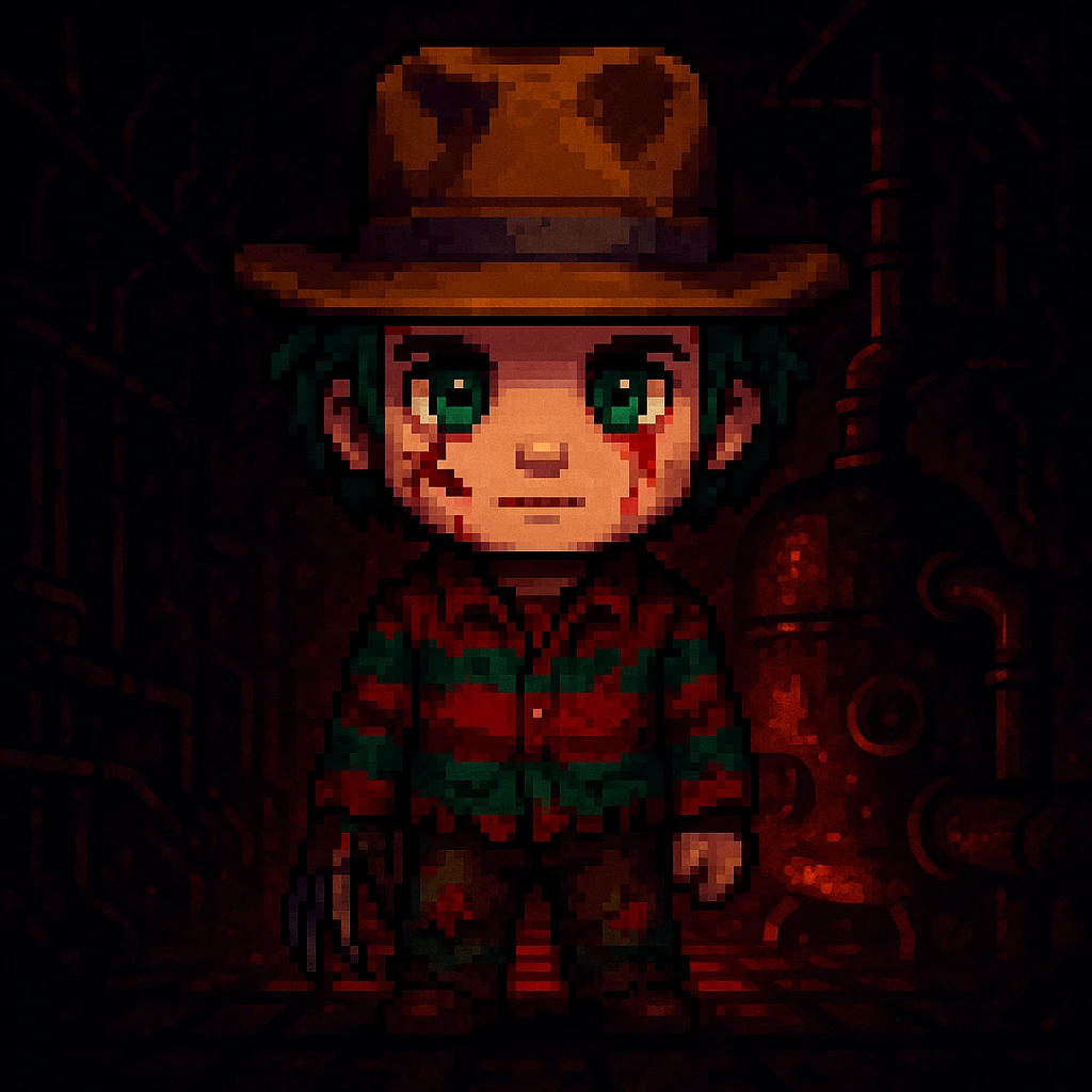 Add a spooky, nightmarish background with a boiler room and dark shadows behind Freddy Krueger, keep pixel art style emoji