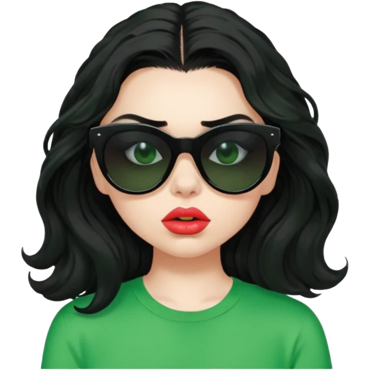 current charli xcx with her long black wavy hair, thick black-out sunglasses that hide her eyes completely, pale skin, pouting closed lips, and a bright green top that said 'brat' in the brat font. emoji