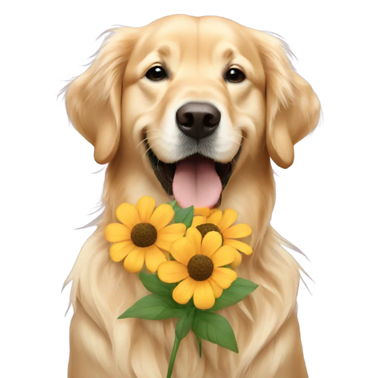 Golden retriever holding flowers in mouth emoji