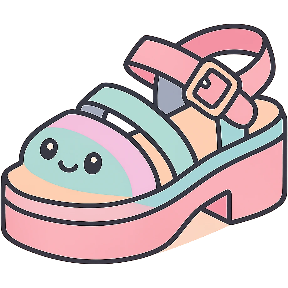 Transform these primarily black kawaii gothic shoes with pink and pastel accents, silver studs and chains, into platform sandals, no socks, no hearts, transparent background emoji