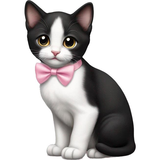 Tuxedo kitten standing. Pink bow on ear emoji
