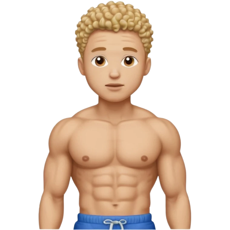 Ripped, athletic man with thick neck, high top fade with no part, curly hair only top only, no shirt and show waistline up add scrubs emoji