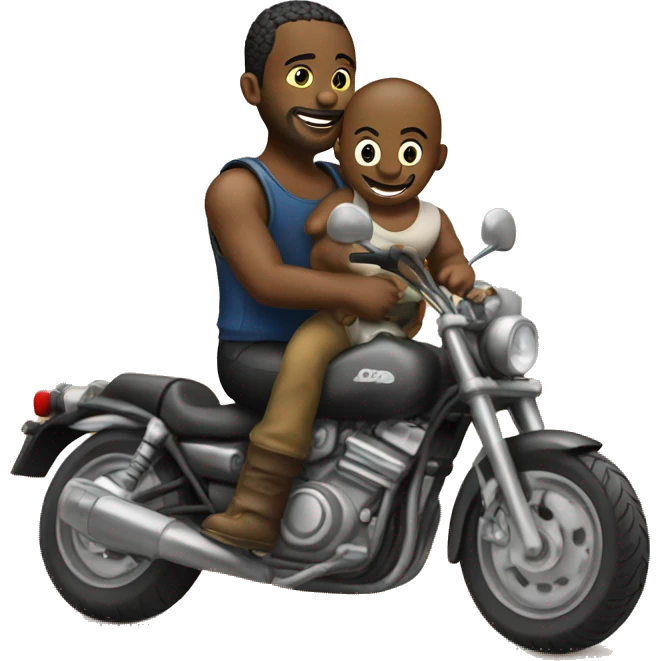 man with motorcycle and baby on back.  on dirt road emoji