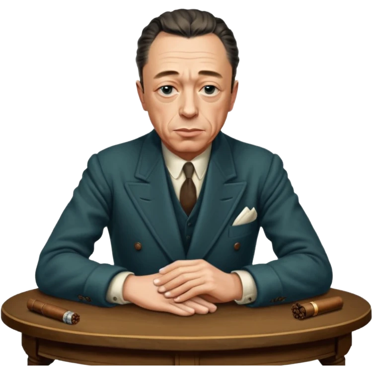 Albert Camus with a small cigar between his fingers, and with his both arms folded together loosely on the antic table. He looks chic, intellectual, philosophical, yet not so serious, thus so having fatal charm and attractive. His posture looks relaxed.  emoji
