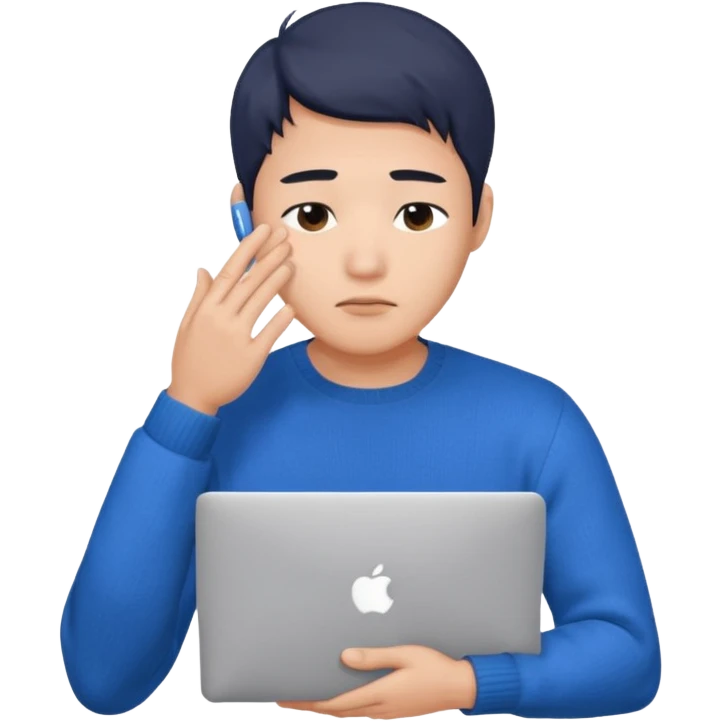 a asian handsome guy wearing a blue knit with white shirt, facepalming with only one hand, with a macbook, only upper body, high quality. more natural emoji