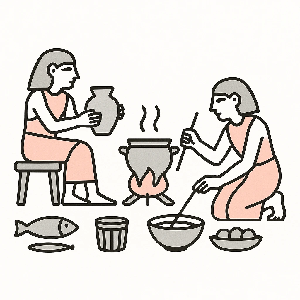 ancient Egyptian cooking scene in hieroglyphic style emoji